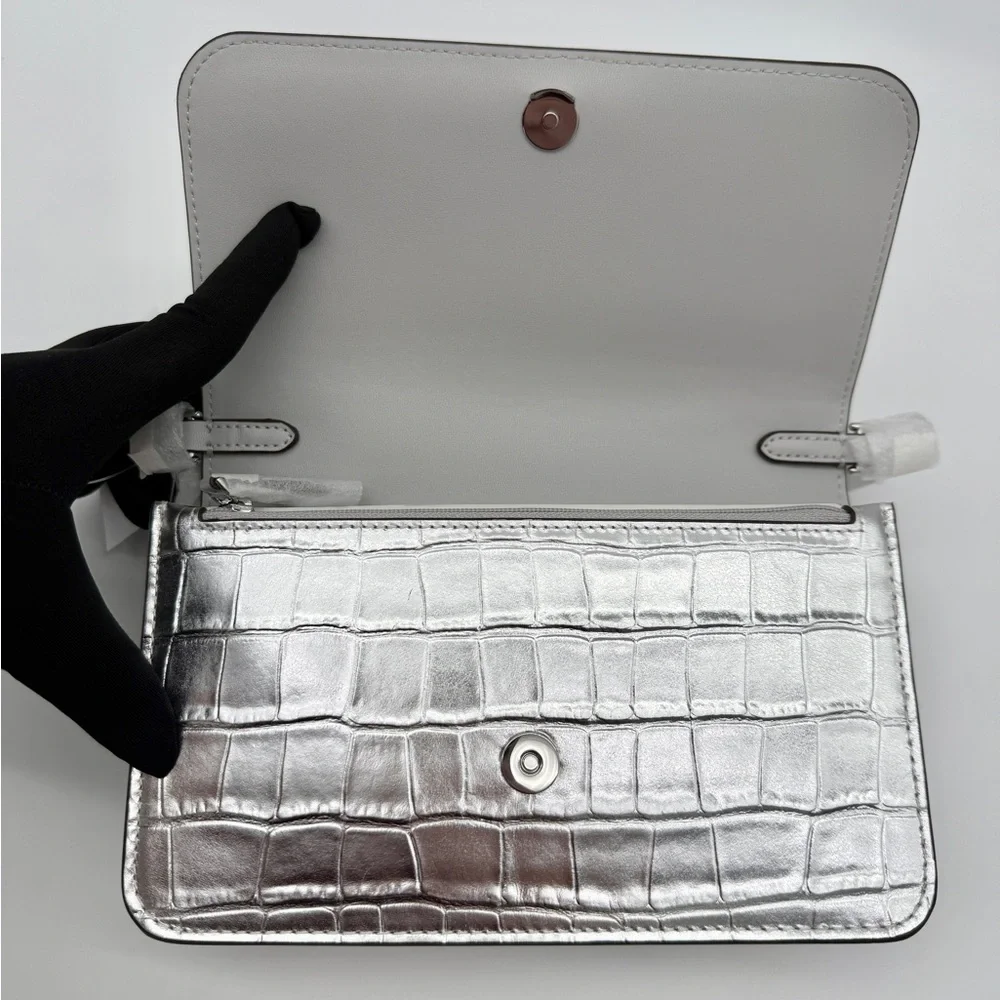 Kate Spade Madison Croc Embossed Willow Mini Flap Crossbody Silver
